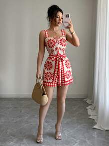 SHEIN PETITE Orange Floral Print Casual Vacation Backless Jumpsuit - Red - View 3