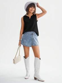 SHEIN LUNE Notched Neckline Sleeveless Blouse - Black - View 3