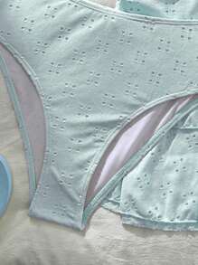 Swim Mod 女士三件套：前交叉钩针短款上衣、蝴蝶结多层荷叶边裙、夏季沙滩泳衣 - 淺藍色 - 查看 4