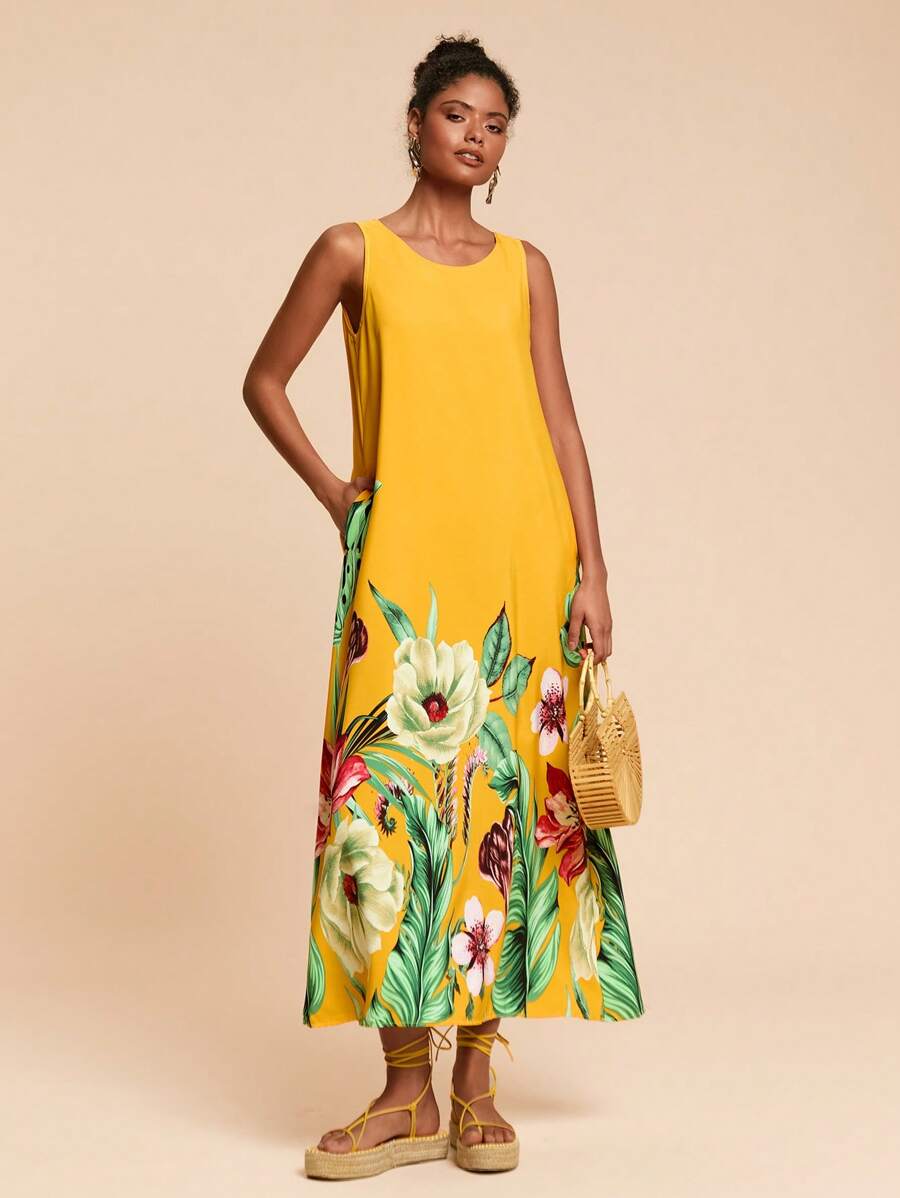 Travachic Tropical Print Slant Pocket Tank Dress - Yellow - View 1