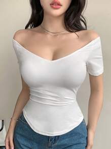 DAZY Áo thun nữ hở vai cổ chữ V màu trơn tay ngắn, quần áo trở lại trường học cho nữ, quần áo thu cho nữ áo dài tay - trắng - Xem 2