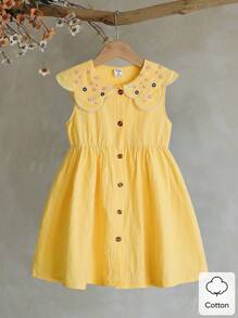 Vintaside Kids Váy thêu hoa không tay màu trắng cho bé gái, mùa xuân/hè, họa tiết hoa phong cách tươi mới, dáng rộng, thích hợp mặc ngoài trời thường ngày, tụ họp ngày lễ, tạo nên vẻ ngoài công chúa thanh lịch - Màu vàng - Xem 1