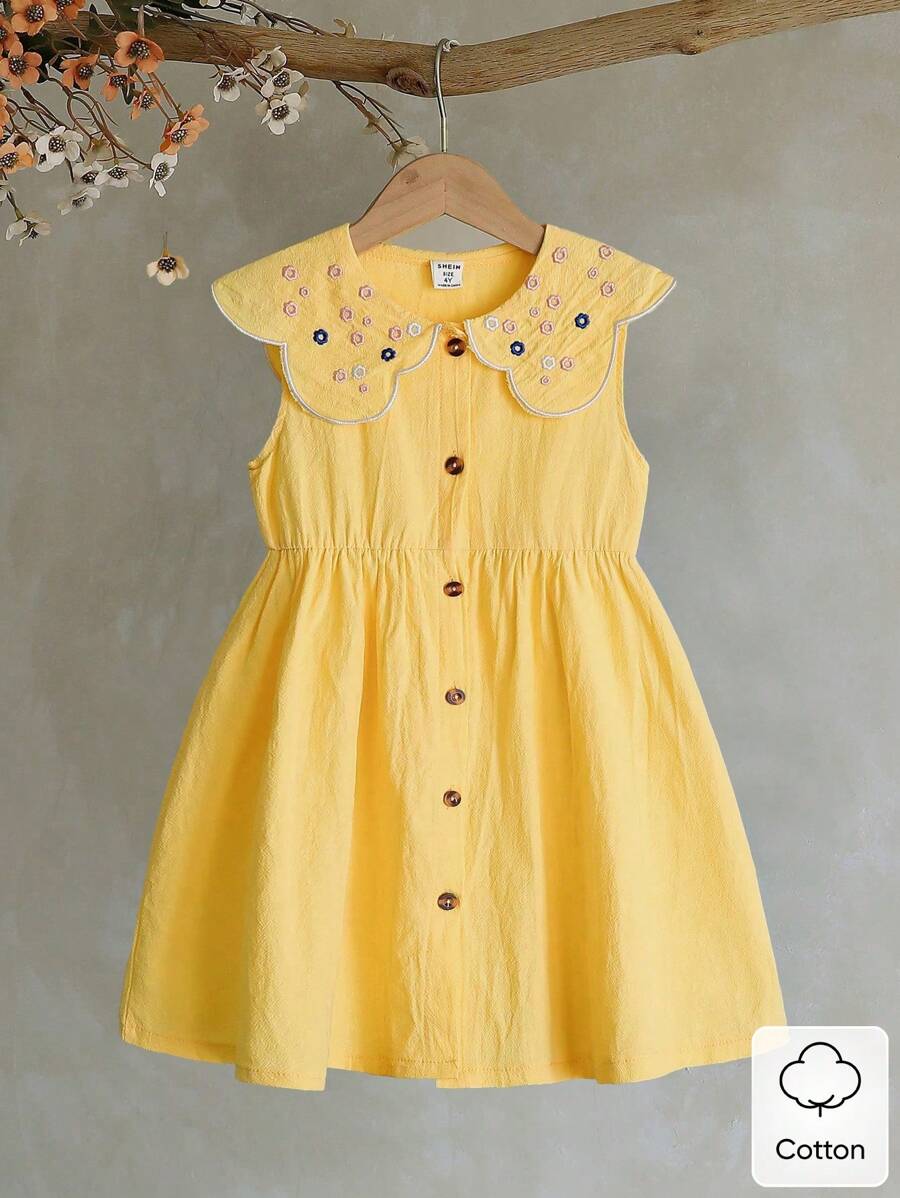 Vintaside Kids Váy thêu hoa không tay màu trắng cho bé gái, mùa xuân/hè, họa tiết hoa phong cách tươi mới, dáng rộng, thích hợp mặc ngoài trời thường ngày, tụ họp ngày lễ, tạo nên vẻ ngoài công chúa thanh lịch - Màu vàng - Xem 1