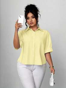 Elenzga Plus Size Women's Elegant Solid Color Puff Sleeve Short Sleeve Shirt, Button-Down Front, A-Line Hem, Spring/Summer - Yellow - View 4