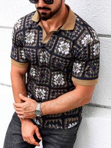 Manfinity Homme 男式拼色领插肩短袖休闲 Polo 衫，夏季 - 棕色 - 查看 6