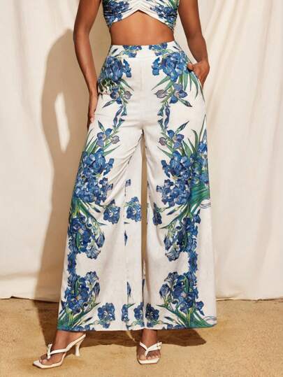 Mathilde Lhomme Floral Printed High-Waist Loose Long Pants Women Summer Vacation Casual Tropical Summer Pant Floral Pants