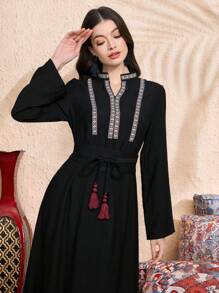 Al Najma Women Woven Ribbon Decor Notched Neck Long Dress