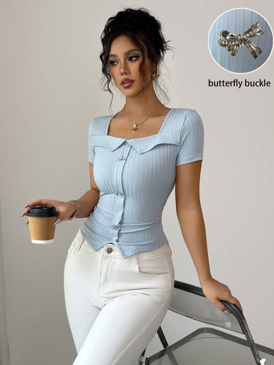 Elenzga تيشيرت مطبق قصير الأكمام مزين بطيات عند الخصر بياقة مربعة بدون أكمام للنساء - الأزرق - مشاهدة 1