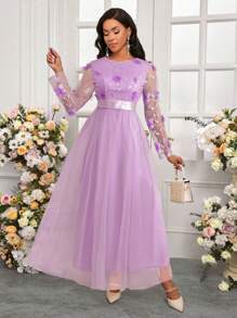 SHEIN Lady 情人节/新年派对/适合日常工作穿着/四季皆宜的米色蕾丝立体花朵拼布婚纱优雅女士长裙 - 紫色 - 查看 3