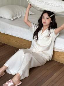 Dazy Kids Tween Girls Contrast Lace Short Sleeve Button Up Top And Pants Pajama Set - Apricot - View 5