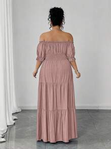 Elenzga Đầm Maxi hở vai màu xanh denim trơn cỡ lớn cho nữ, eo chun, thanh lịch, thường ngày, xẻ tà, xuân/hè - Bụi hồng - Xem 2