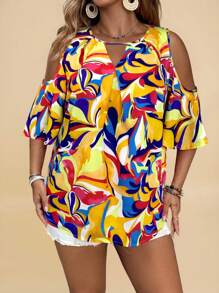 SHEIN VCAY Plus Size Women's Vacation Full Print Off Shoulder Keyhole Neck Fashionable Shirt - Yellow - View 6