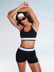 SHEIN Dewbera 2pcs/Set Sports Bra With Detachable Pads And Contrasting Waist Shorts, Color Block, Spring/Summer Workout Women Sets - Multicolor - View 7