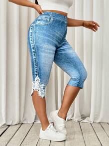 SHEIN Tall CURVE Plus Size Jean Print Lace Trim Leggings Women S Clothes Woman S Summer Clothes Women S Bottoms