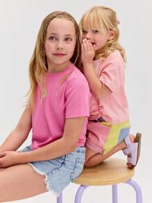 SHEIN Camiseta juvenil de cuello redondo, manga corta y diseño fruncido, de estilo casual y cómodo - Rosa - Ver 5