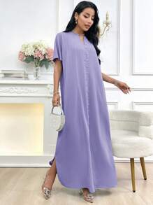 Al Najma Women's Elegant Solid Color Notched Neck Arabian Style Dress - Purple - View 5