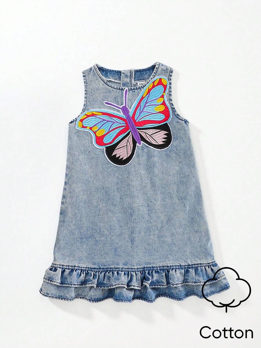 SHEIN 1pc Girls Denim Butterfly Embroidery Vest Dress With Ruffled Double Layer Skirt, Fashionable Casual Everyday Wear, Cute Summer New Arrival - Blue - View 1