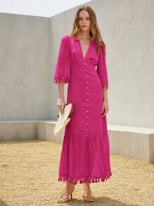SHEIN Unity Nuevo elegante vestido largo de mujer con cuello en V profundo, diseño de botones, mangas 3/4, dobladillo voluminoso, detalles de encaje floral y estilo retro francés de resort, color liso - Rosa Fucsia - Ver 5