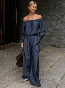 Livesso Distressed Washed Casual Summer Set, Off Shoulder Short Blouse And Long Pants, Women Denim Suit - Blue - View 3
