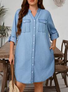 EMERY ROSE Plus Size Casual Long Sleeve Denim Dress - Blue - View 3