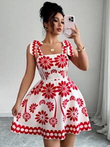 Elenzga 春夏新款时尚休闲度假系带设计花卉印花小众收腰无袖吊带连衣裙女 - 彩色 - 查看 1