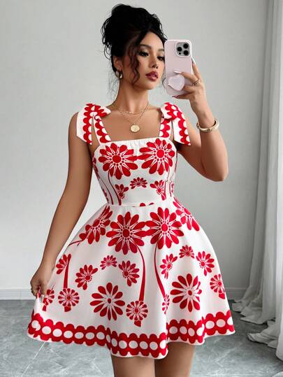 Elenzga 春夏新款时尚休闲度假系带设计花卉印花小众收腰无袖吊带连衣裙女