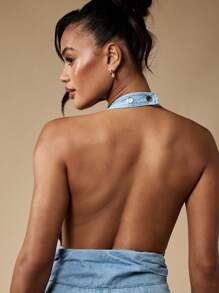 MISSGUIDED 复古挂脖阔腿牛仔连体裤露背夏季节日度假海滩派对休闲波西米亚风格及地阔腿裤 - 中等水洗藍 - 查看 5