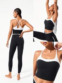 GLOWMODE FeatherFit™ Energizer Slim Fit Color Contrast Crossover Straps Low Neckline Cropped Active Tank Yoga Pilates Spring - Black and White - View 8