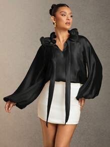 Hauture Blusa de manga larga de vestir elegante con cuello de corbata plisado de unicolor - Negro - Ver 2
