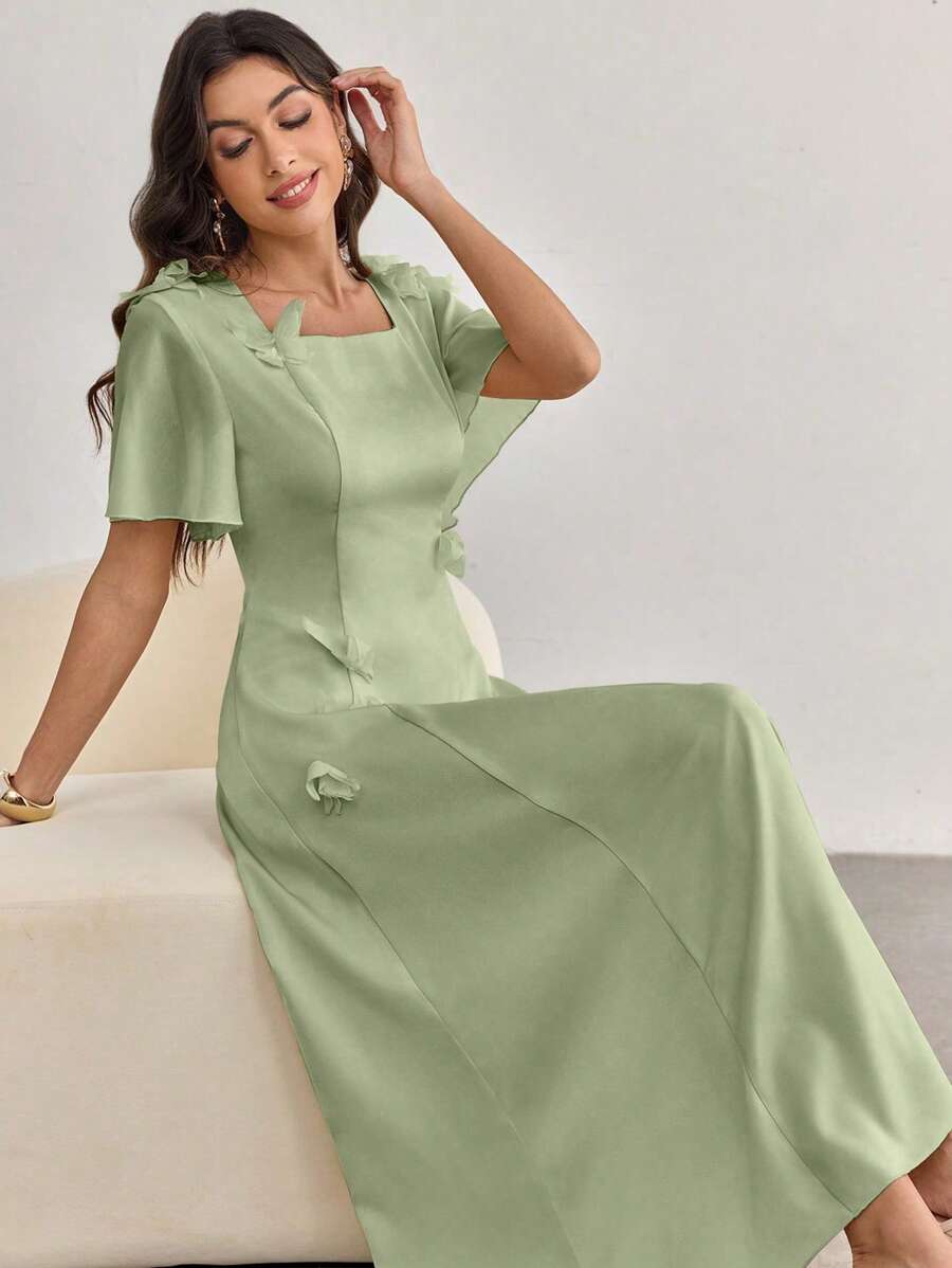 Modelyn Women Square Neck Ruffle Sleeve Floral Print Bodycon Short Sleeve Dress - Green - View 1