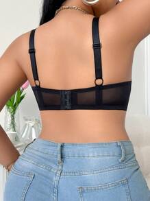 SHEIN 1 件大码撞色蕾丝性感文胸带钢圈 - 黑色 - 查看 2