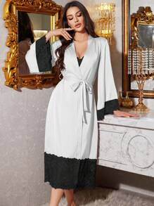 LuxeNights Conjunto de camisola, bata y pijama de satén sexy con encaje para mujer, ideal para vacaciones
