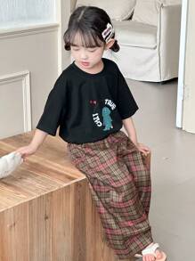 Dazy Kids 女童圆领针织印花短袖T恤+格子长裤休闲家居服套装，春夏款 - 黑色 - 查看 7