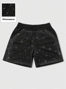ROMWE MEN Unisex Street Life American Style Rhinestone Print Pattern Shorts - Black - View 4