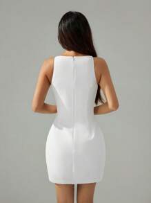 SHEIN PETITE Váy ngắn không tay màu trơn thanh lịch cho nữ, váy trang trọng, váy cưới, váy tốt nghiệp màu trắng, trang phục công sở giản dị cho nữ - trắng - Xem 2