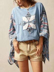 Bohemela 大码女式花卉图案圆领蝙蝠袖宽松休闲T恤 - 藍色 - 查看 4