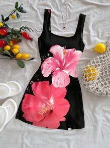 Soleia Women's Casual U-Neck Mini Bodycon Dress With Side Slit, Suitable For Summer, Large Floral Print,Boho Clothes Women Chic Dress