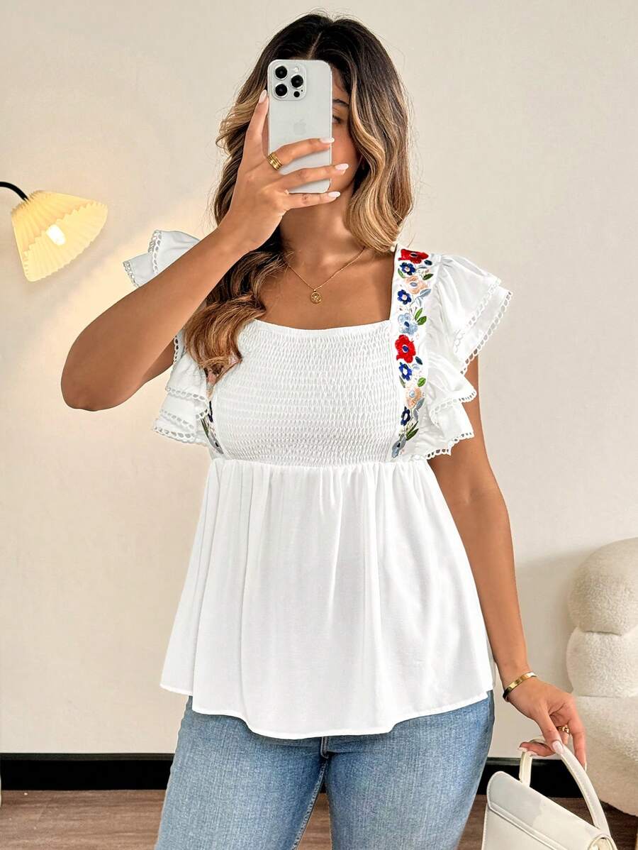 Flirla Plus Size Women's Casual Summer Ruffled Embroidered Blouse - Multicolor - View 1