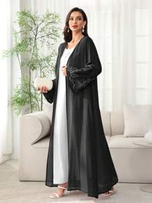 SHEIN Najma Spring/Summer Loose Viscose Maxi Abaya With Pearl Embroidered Floral Trim, Open Front & Cuffs - Black - View 5
