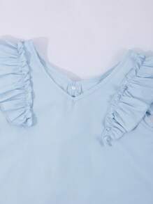 Girls Casual Solid Color V-Neck Ruffled Sleeve Back Hollow Design Removable Bow Decor Blouse, Suitable For Daily Wear - Baby Blue - View 3