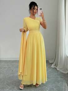 Elenzga Váy xòe xếp nếp cổ bất đối xứng lót chiffon thanh lịch cho nữ dự tiệc trà chiều, mùa xuân/hè - Màu vàng - Xem 7