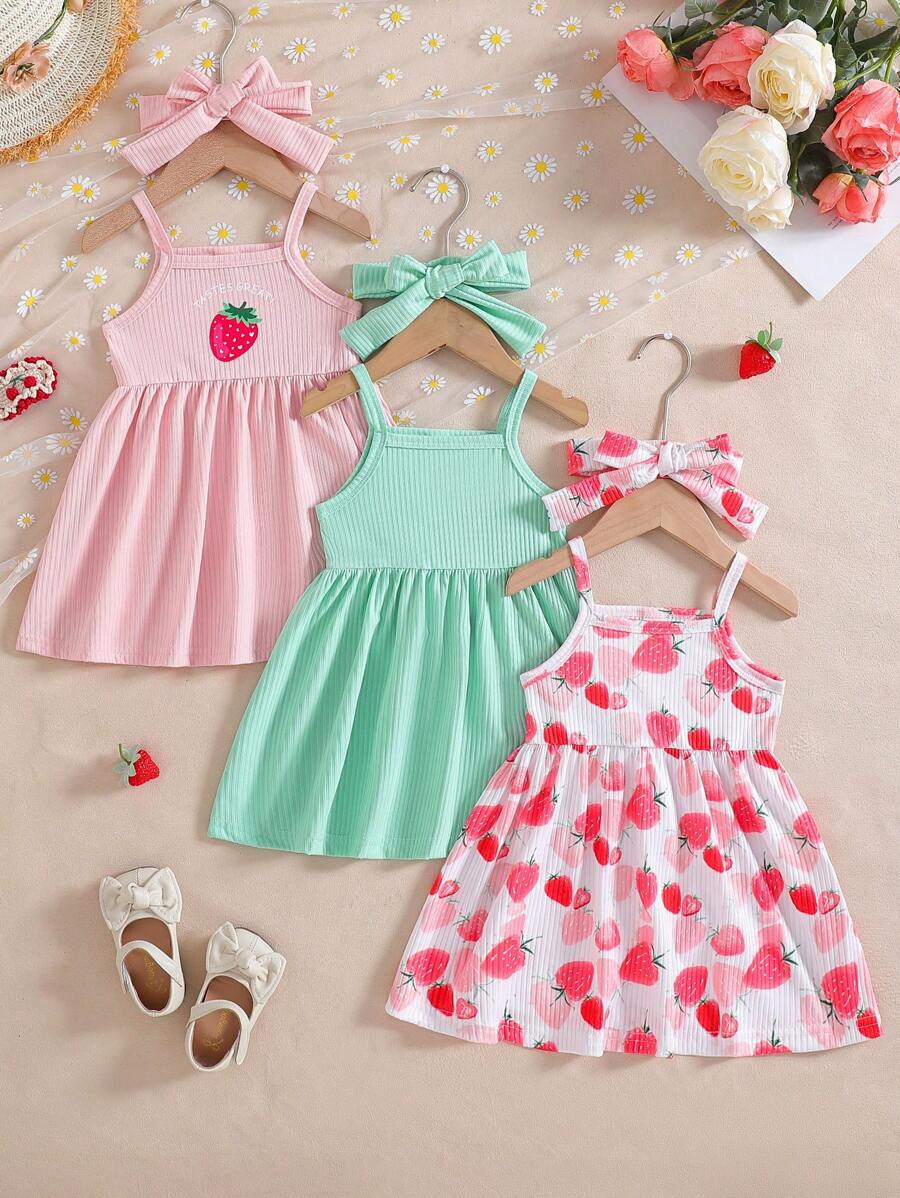 SHEIN Vintaside Kids 3件套女婴可爱花卉蝴蝶印花舒适休闲连衣裙套装 - 彩色 - 查看 1