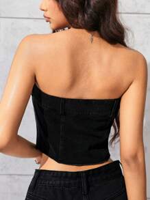Flexra Women's Black Knit Denim Bodycon Crop Tube Top - Black - View 3