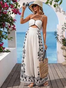 Vivid Eden Women's Summer Holiday White Floral Print Jumpsuit,Boho Hollow Out Sling Beach Outfits,Casual Bohemia Retro Vacation Clothing,Summer Clothes - Multicolor - View 3