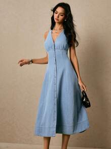 Poéselle Vestido vaquero casual de verano sin mangas con escote en V y abotonadura sencilla para mujer