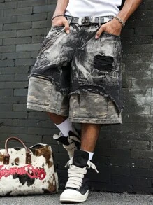 Manfinity LEGND Men's Black Denim Bermuda Shorts With Ripped Details And Camouflage Underlayer