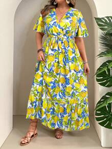 SHEIN Clasi Plus Size Tropical Fruit Print V-Neck Belted Ruffle Trim Dress - Multicolor - View 3