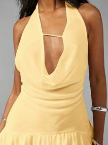 MISSGUIDED Đầm ngắn cổ yếm, dáng bất đối xứng, xếp ly, vạt trước dài ngắn, kiểu draping, thích hợp cho tiệc tối, mùa hè, đám cưới. - Vàng nhạt - Xem 5