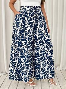 SHEIN Tall CURVE Pantalones anchos con estampado de plantas y bolsillos para mujer de talla grande, ideales para vacaciones