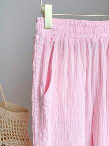 Comfortcana Celana Panjang Wanita Kasual Warna Pink dengan Motif Renda dan Potongan Lebar, Musim Panas - Baby Pink - View 3